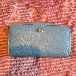 Coach Pebbled Leather Zip Wallet in Light Blue with Gold C